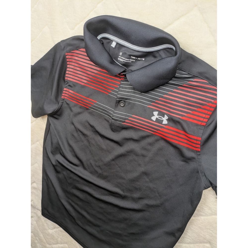 Under Armour Boys Black Red Stripe Performance Polo Shirt YMD Medium 1361811-001